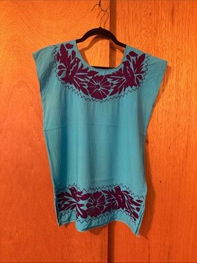 Women's Oaxaca embroidered top - Turquoise / Purple